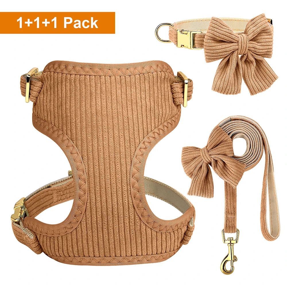 Velvet Harness Collar Leash Set with Bowtie