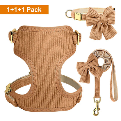 Velvet Harness Collar Leash Set with Bowtie