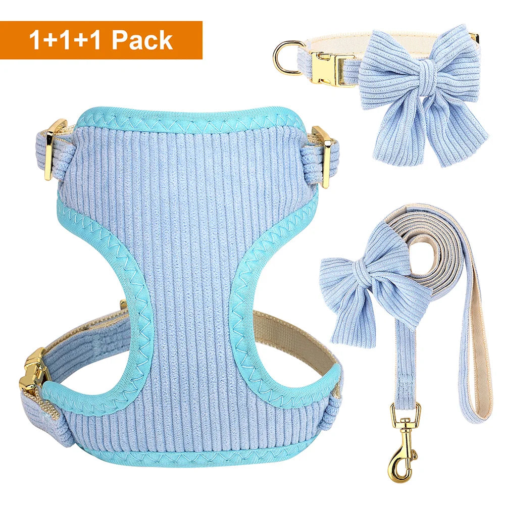 Velvet Harness Collar Leash Set with Bowtie