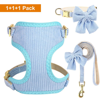 Velvet Harness Collar Leash Set with Bowtie