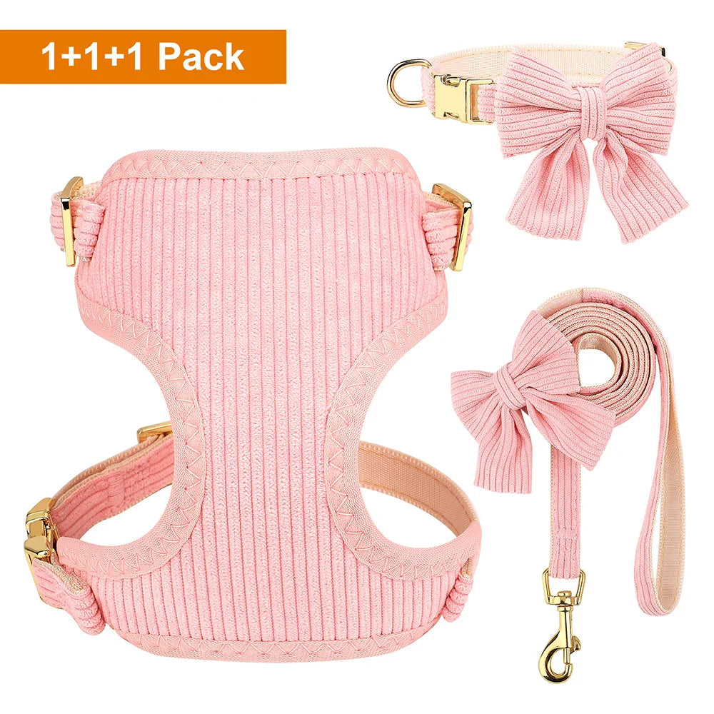 Velvet Harness Collar Leash Set with Bowtie