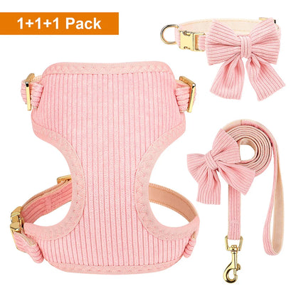 Velvet Harness Collar Leash Set with Bowtie