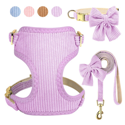 Velvet Harness Collar Leash Set with Bowtie