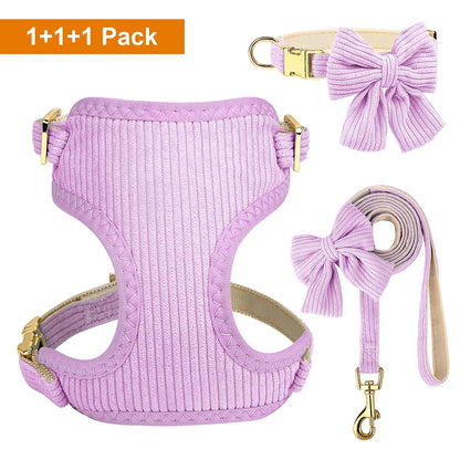 Velvet Harness Collar Leash Set with Bowtie